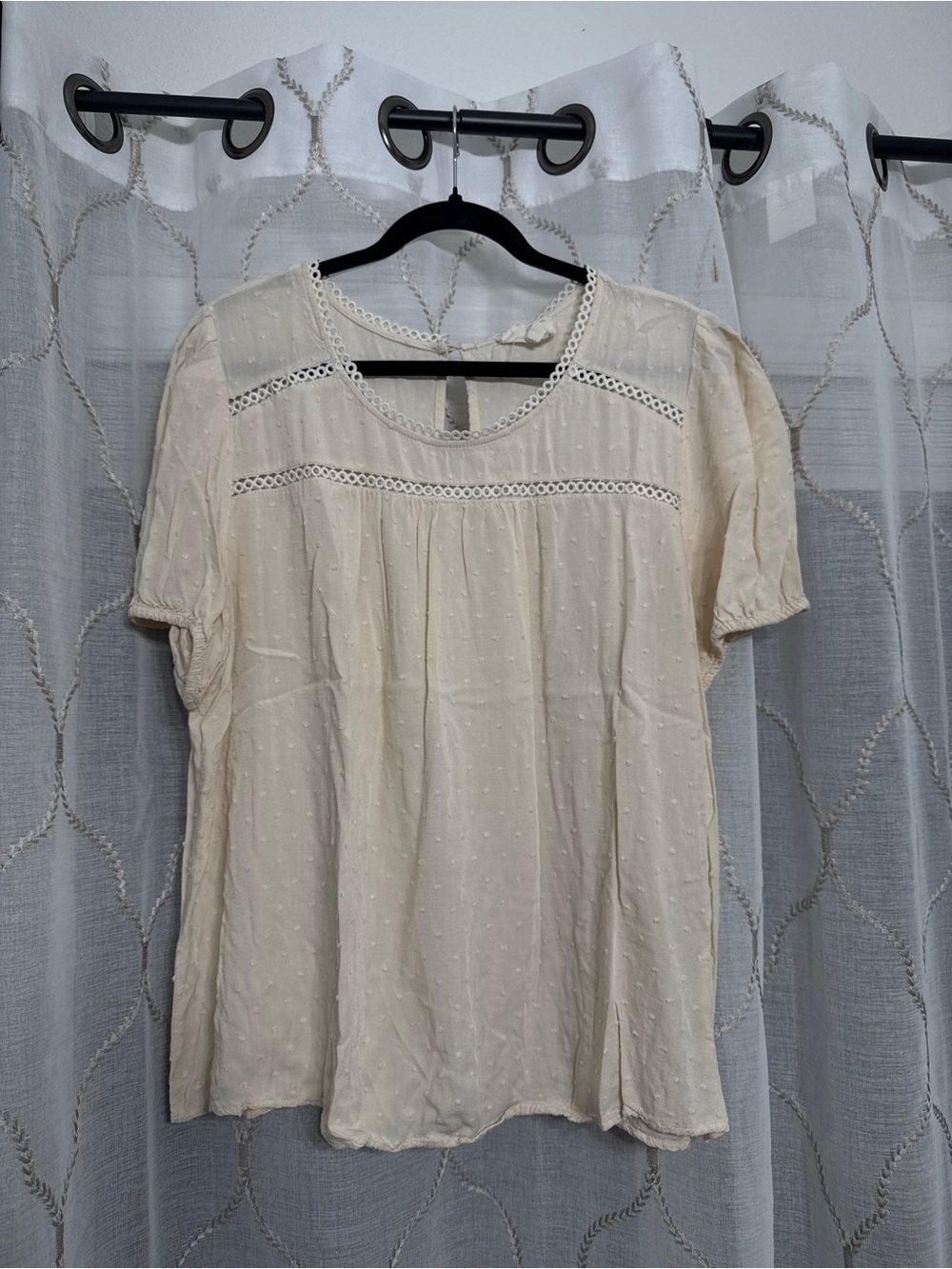 Cream Swiss Dot Lace Yoke Short Sleeve Women's Blouse